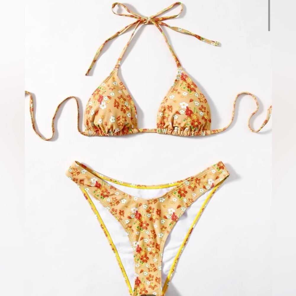 size small orange floral string tie swimsuit